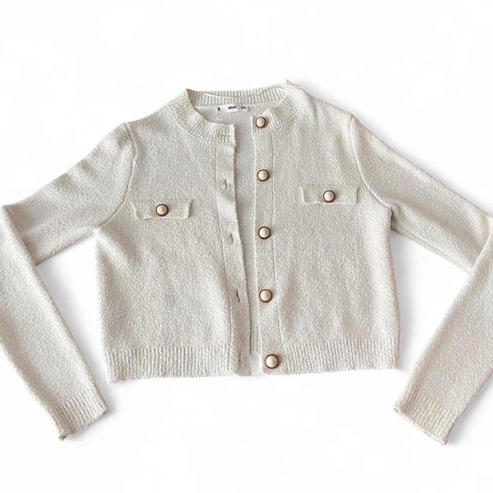 Mango Cream Textured Cardigan with Pearl Button